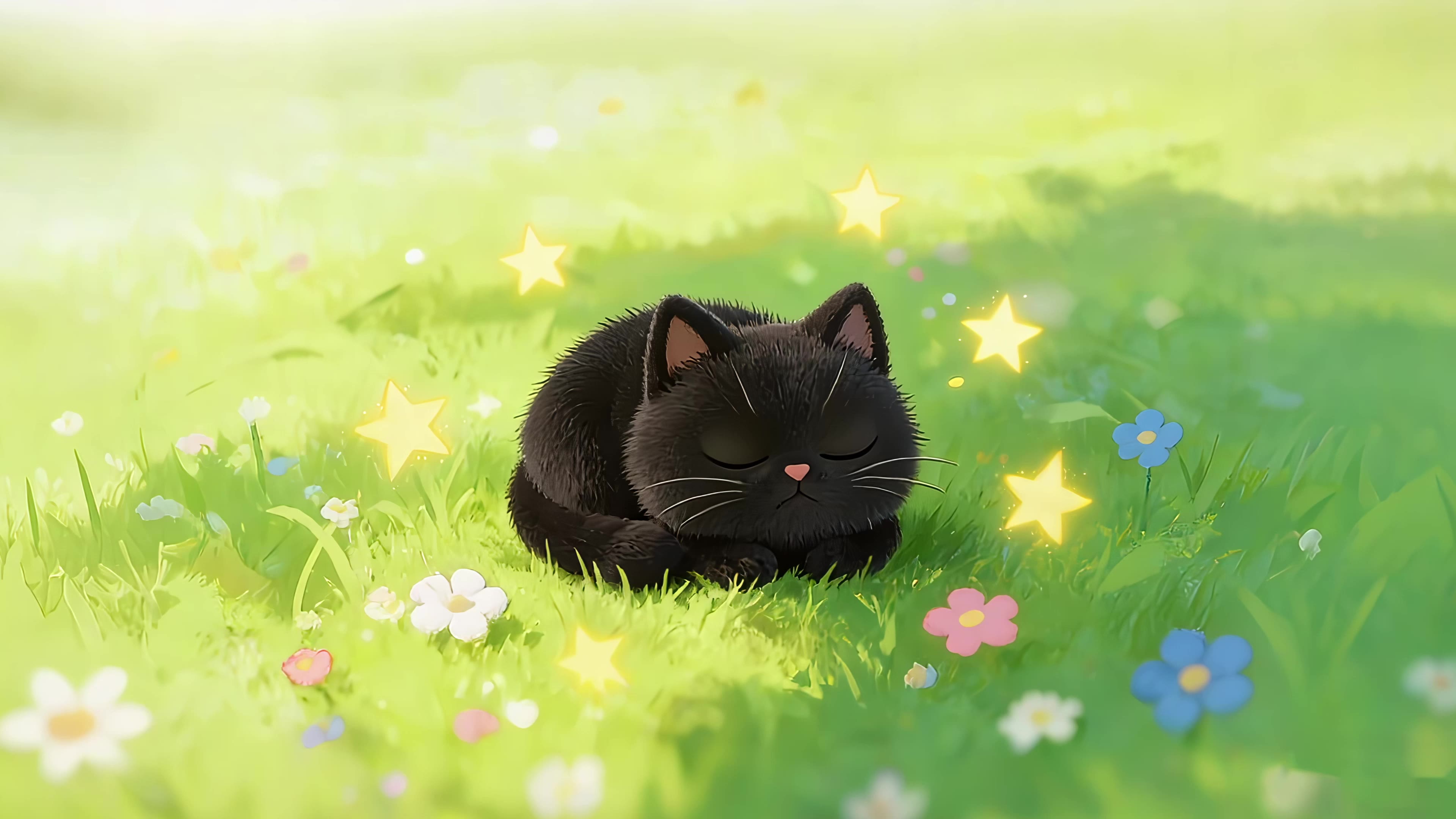 草地上的小黑猫
