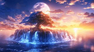夕阳树木河流