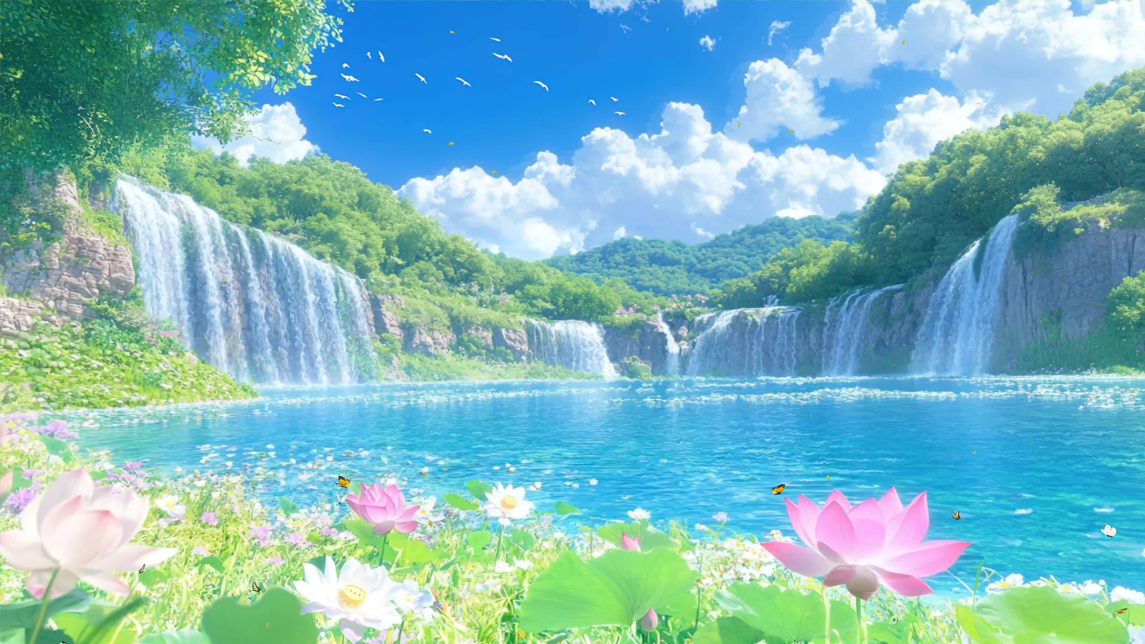 护眼白云树木河流