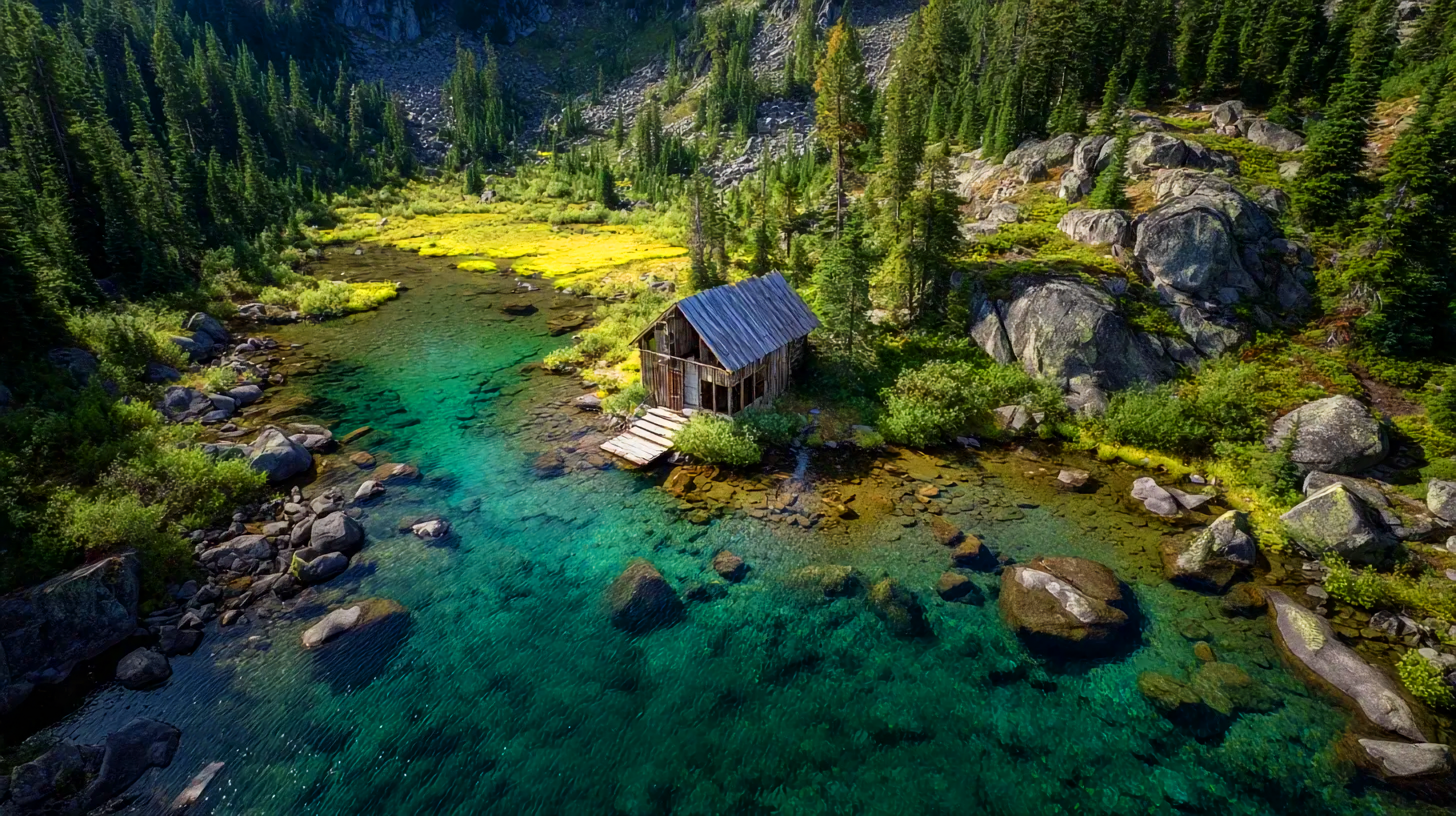 山川流水小屋美丽风景