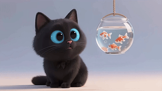 可爱逗鱼小黑猫