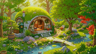 幽静树林溪边小屋