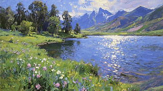 油画白云花草树木河流