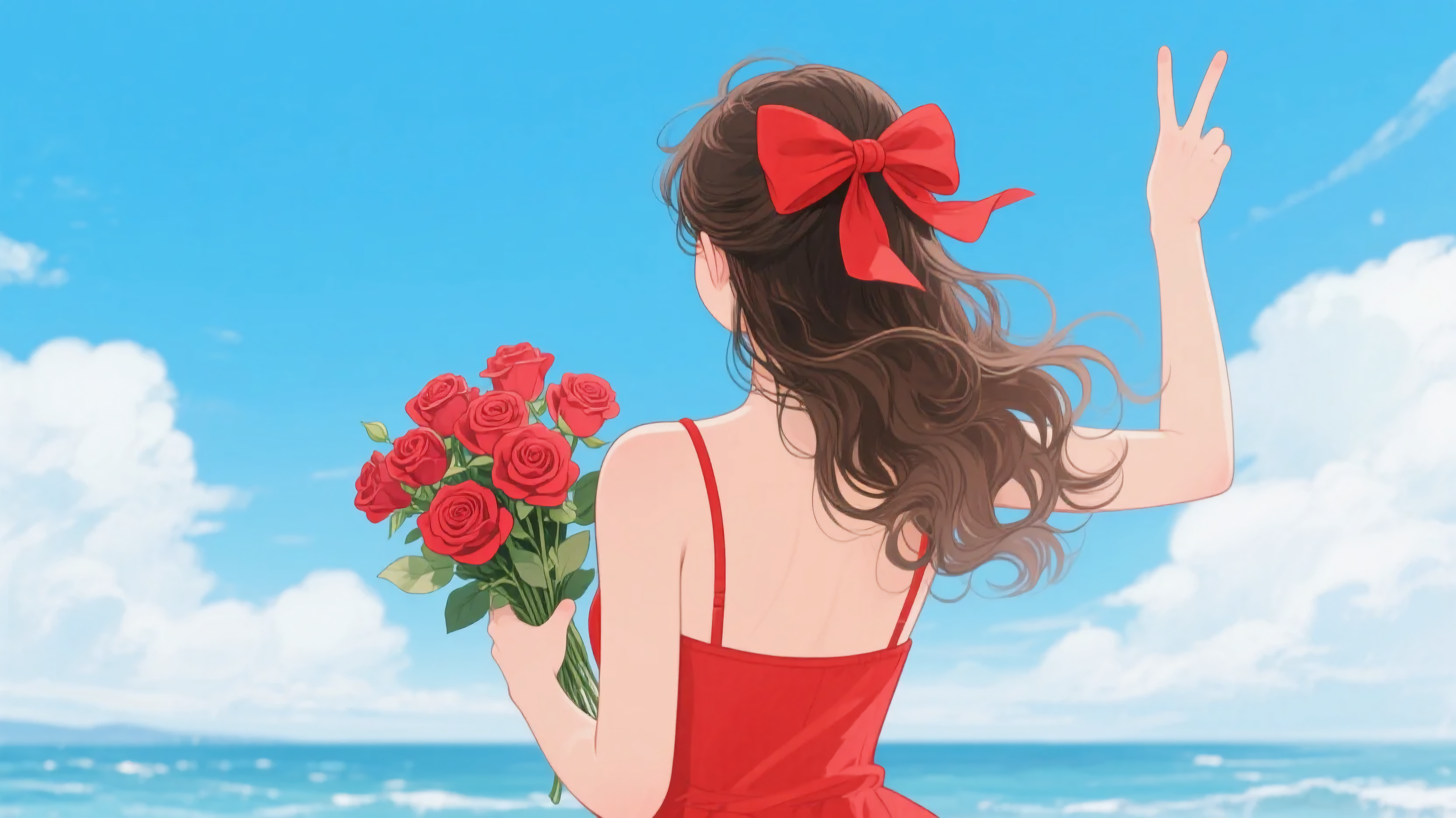 海边比耶捧花少女