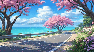 清新落樱海景公路