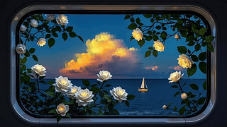 浪漫傍晚花窗海景