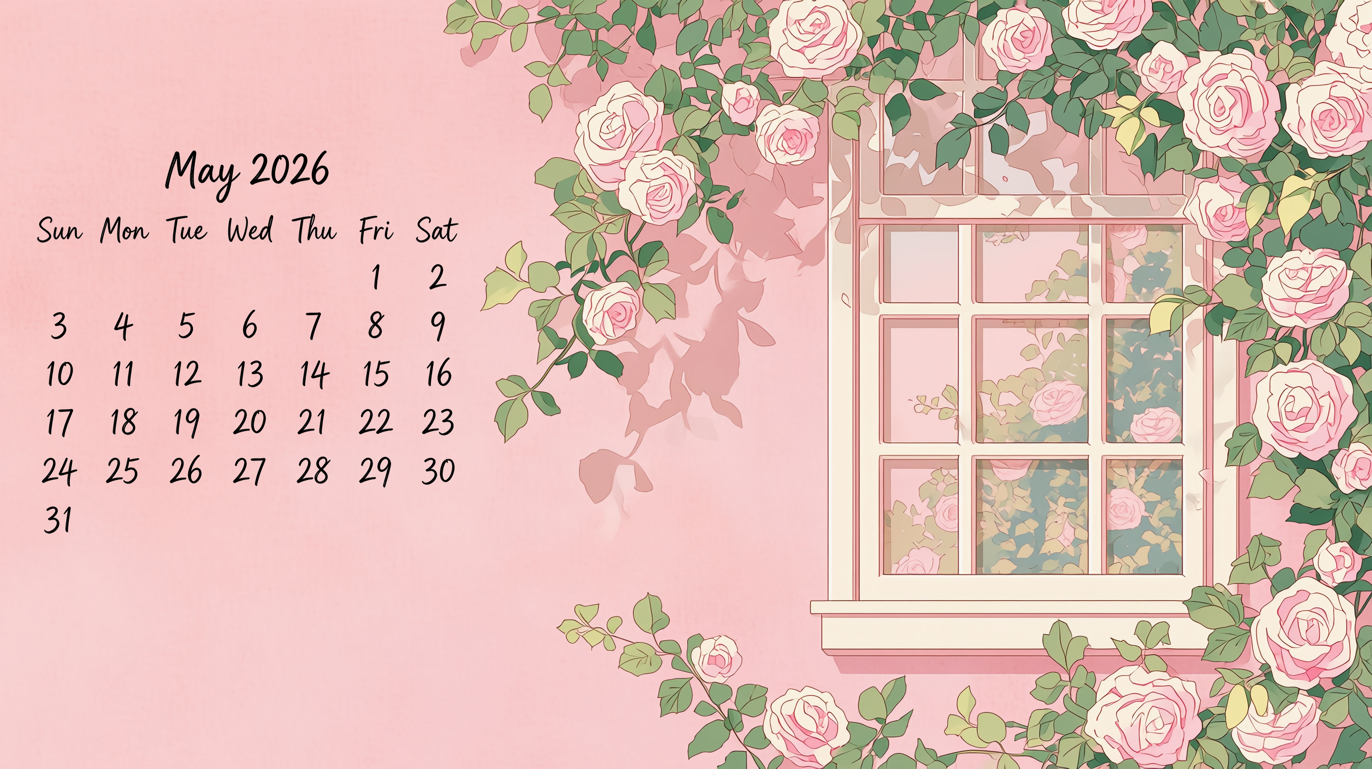 2026年5月日历壁纸-窗边花