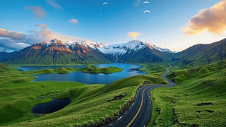 护眼山间湖泊公路