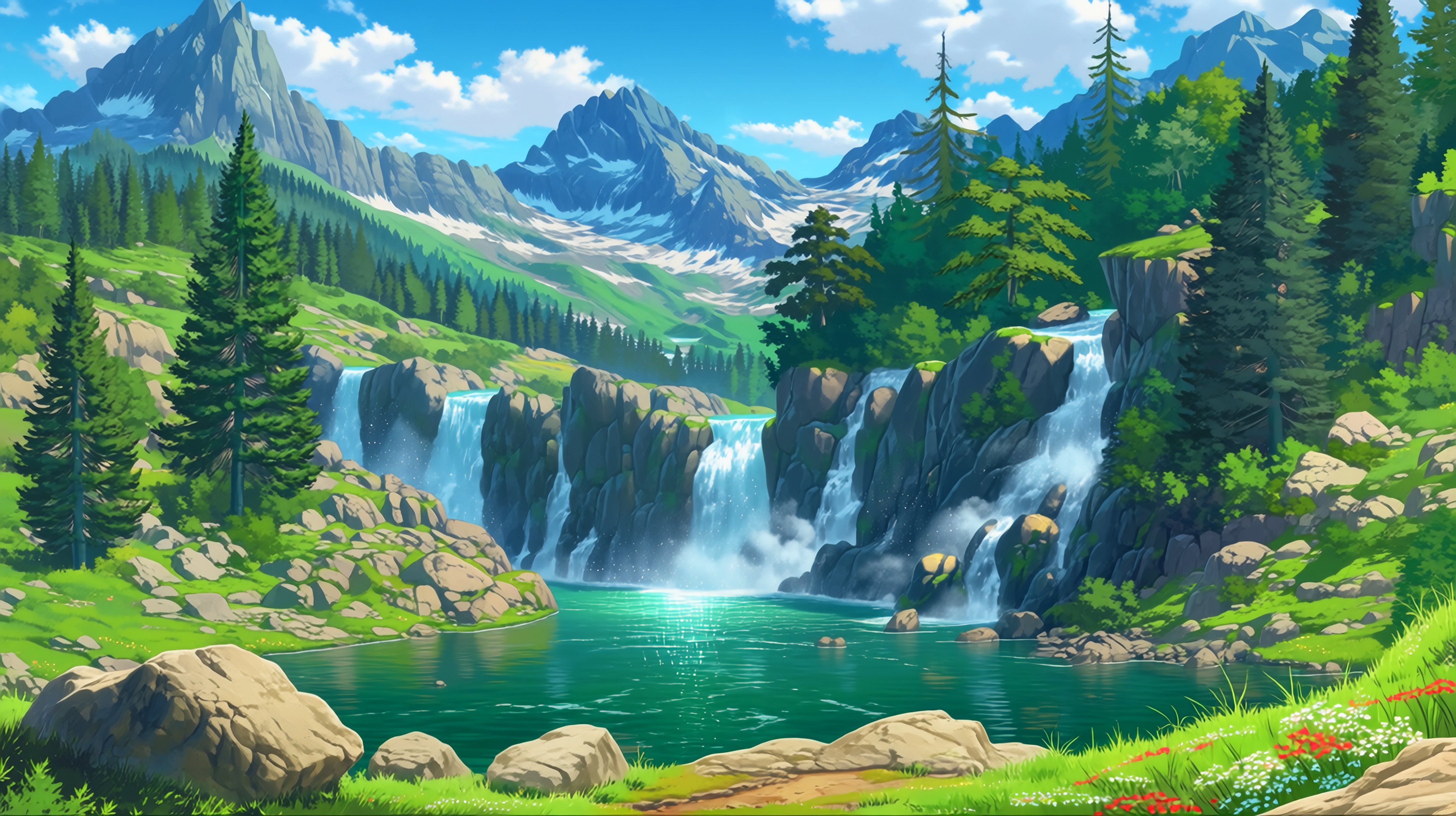山水瀑布美丽风景插画