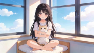 清纯可爱长发少女怀抱小猫 动态壁纸 | 作者：拙图