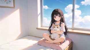 盘腿坐的抱猫女孩 动态壁纸 | 作者：拙图