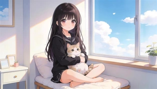 可爱女孩与小猫阿狸 动态壁纸 | 作者：拙图