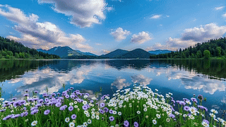 湖泊花丛