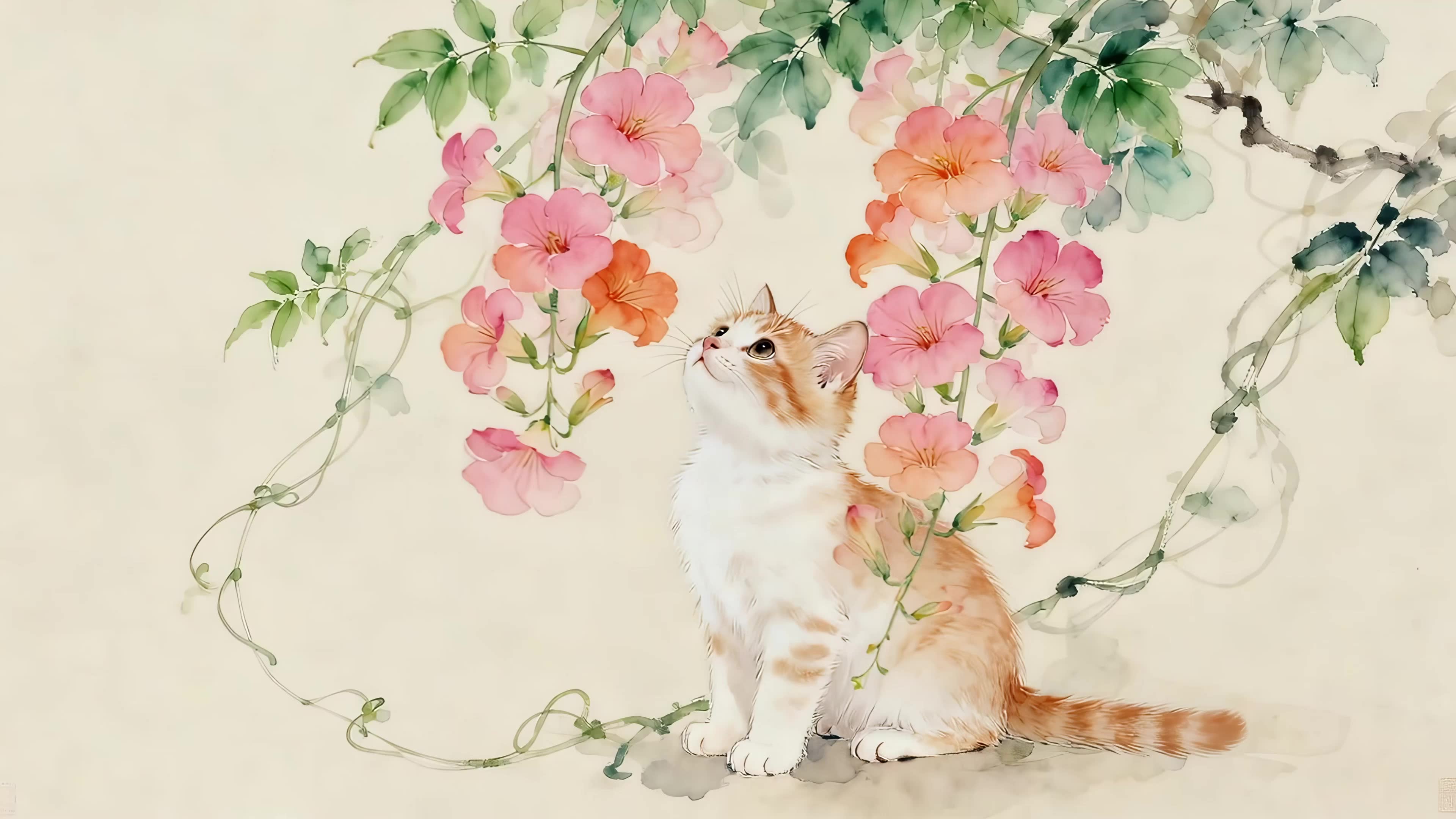 鲜花下的猫咪