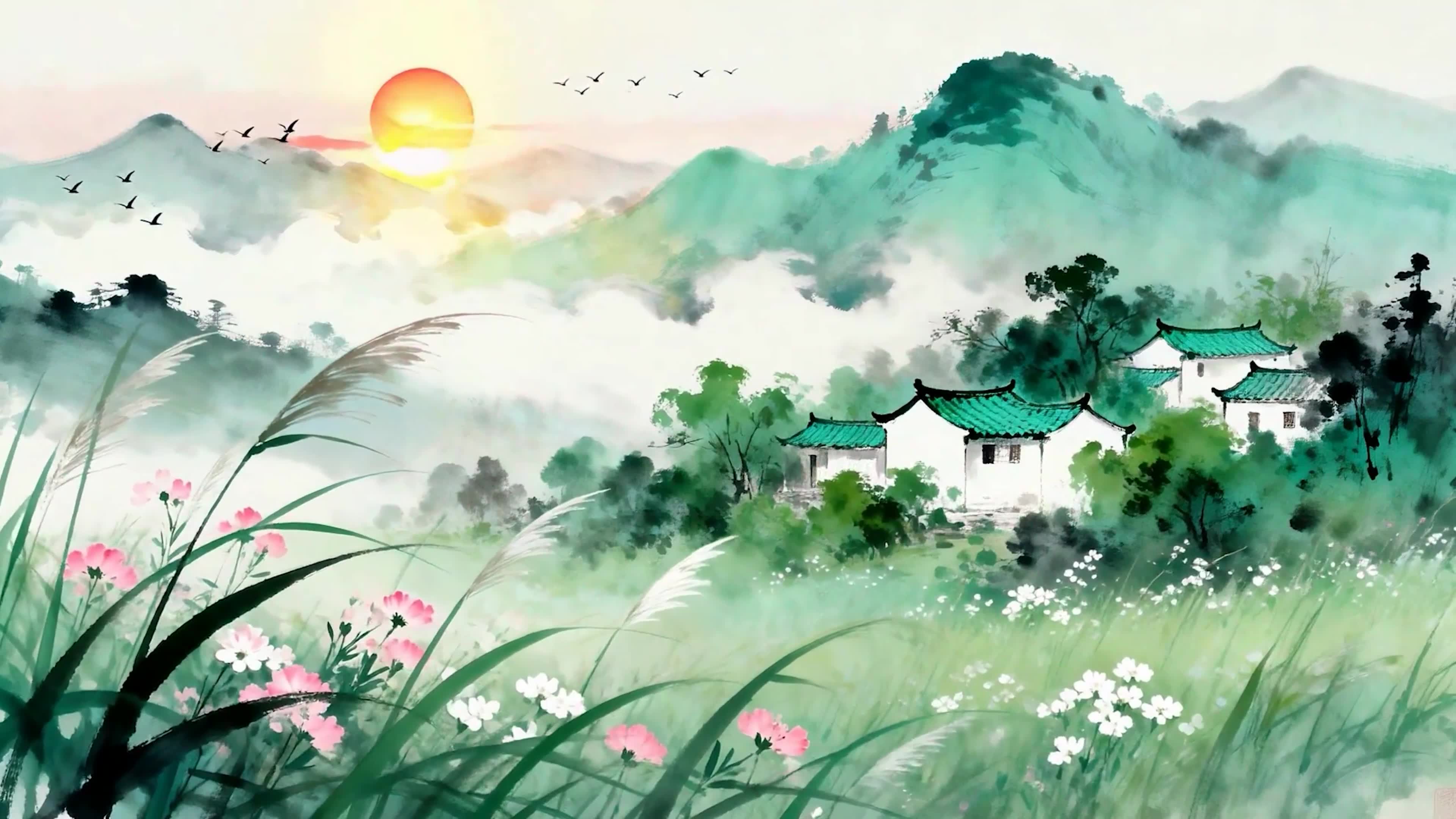 古风夕阳树木