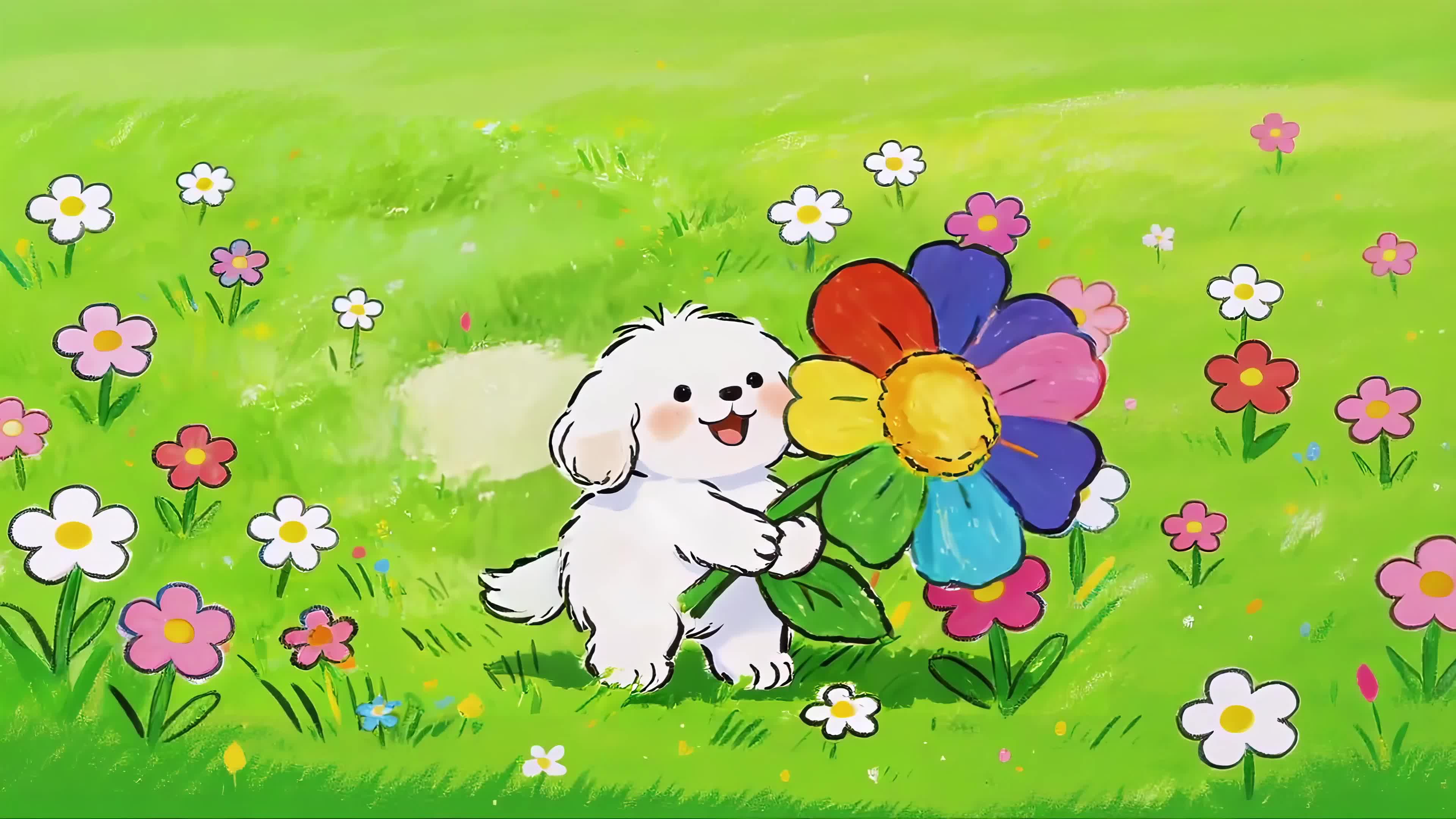拿着彩色花的狗狗