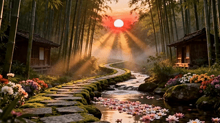 夕阳下竹林河流木屋