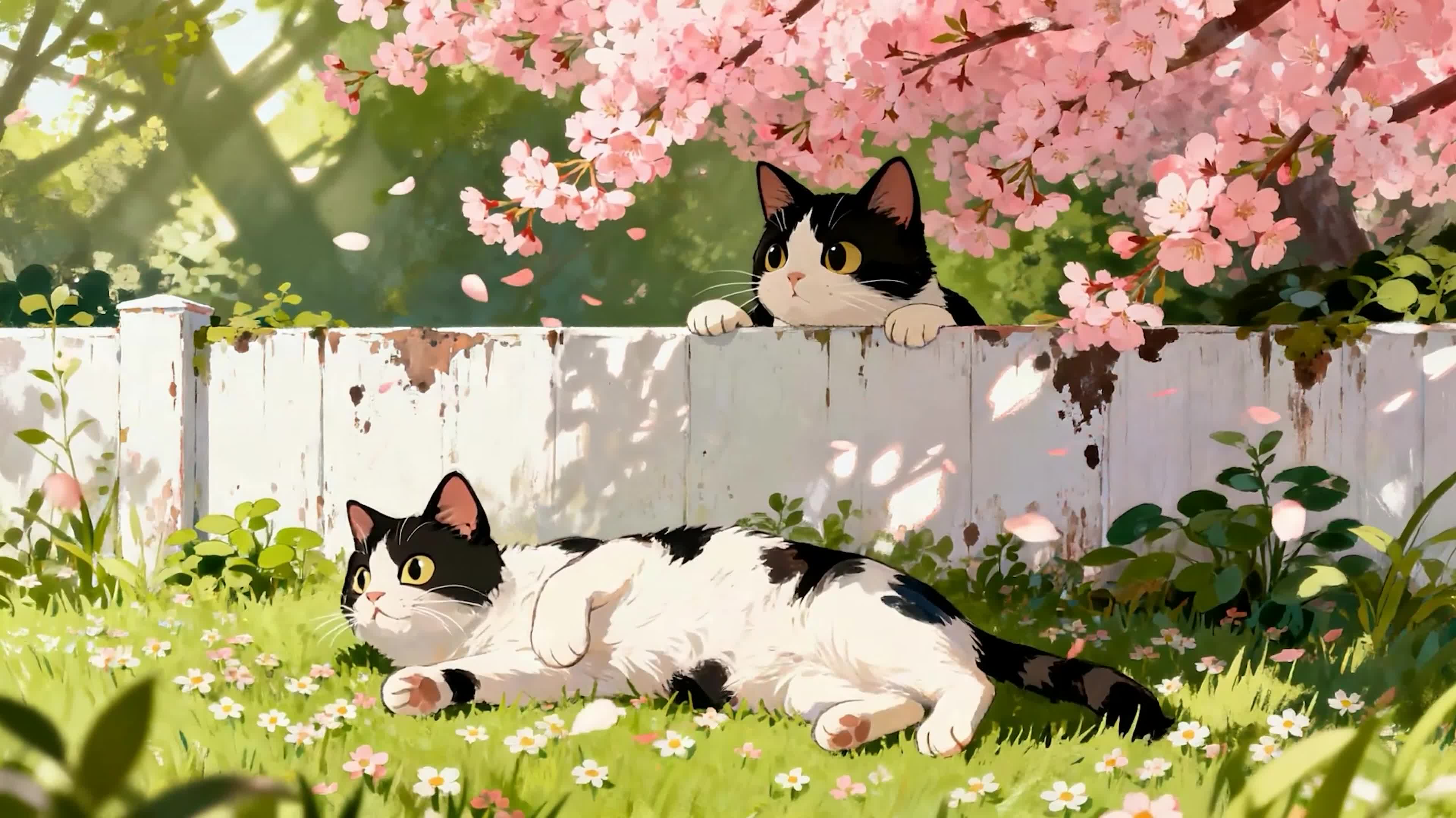 樱花树木下两只猫咪