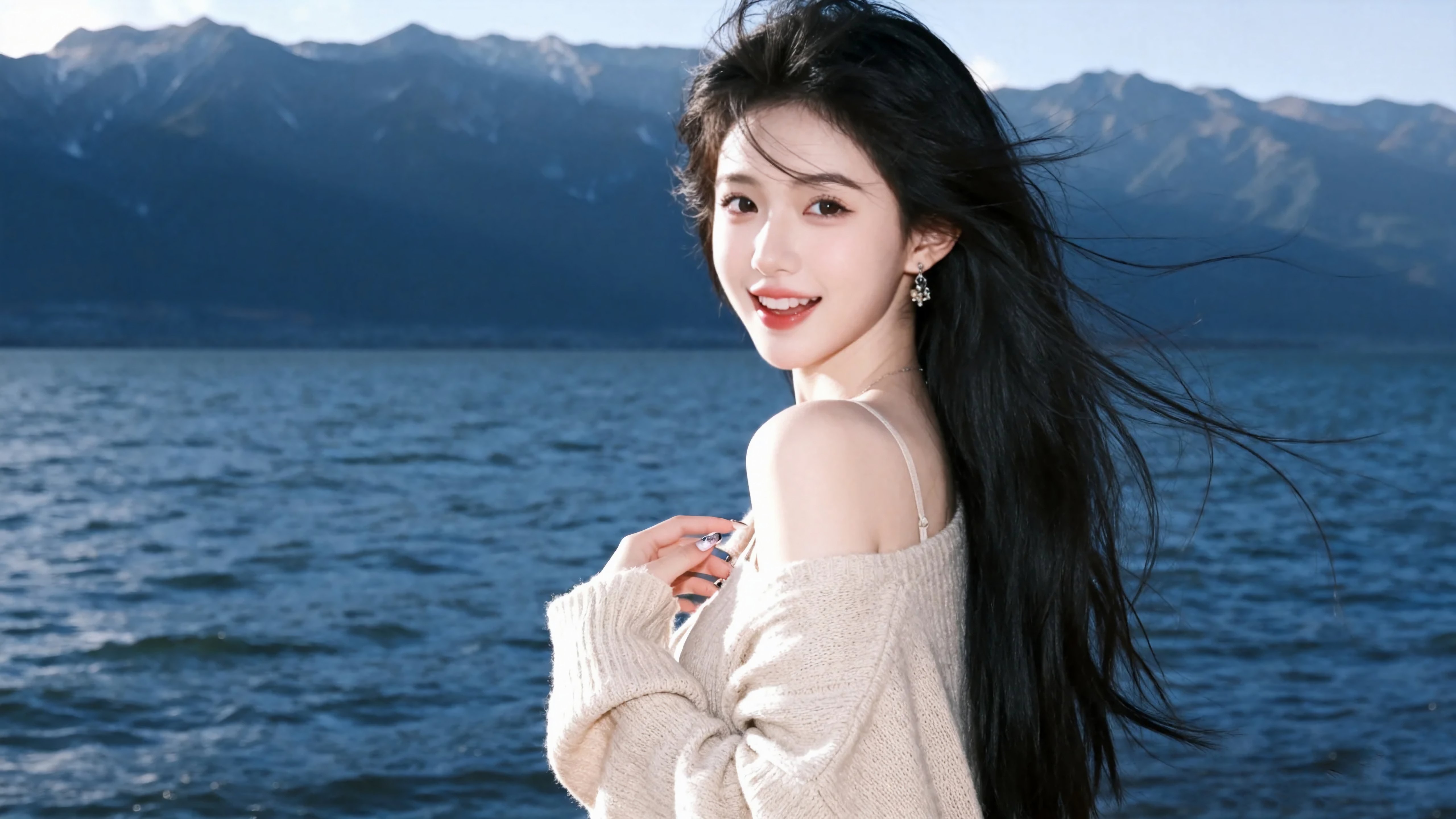 湖边甜美气质美女