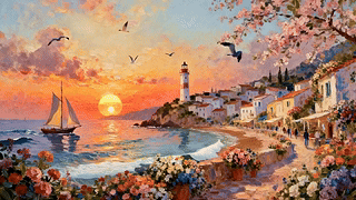 夕阳海景树木海鸥