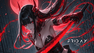 动漫女孩-角-武士刀-红月