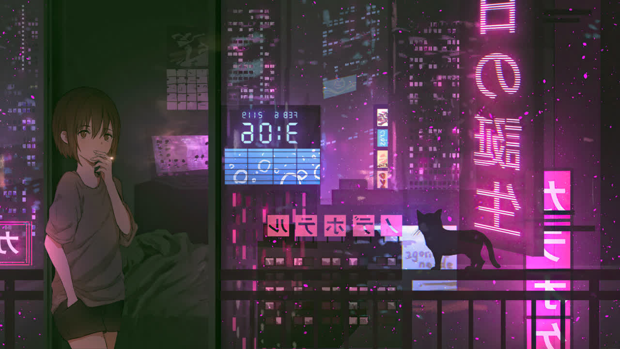 城市霓虹灯下的动漫女孩