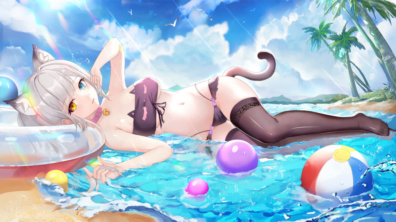 海滩上的猫耳动漫猫女孩，猫咪比基尼