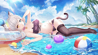 海滩上的猫耳动漫猫女孩，猫咪比基尼