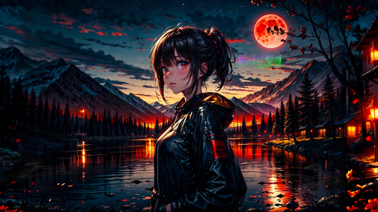 动漫女孩-湖泊-山脉-夜晚-月亮-风景-4K-