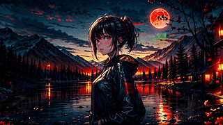 动漫女孩-湖泊-山脉-夜晚-月亮-风景-4K-