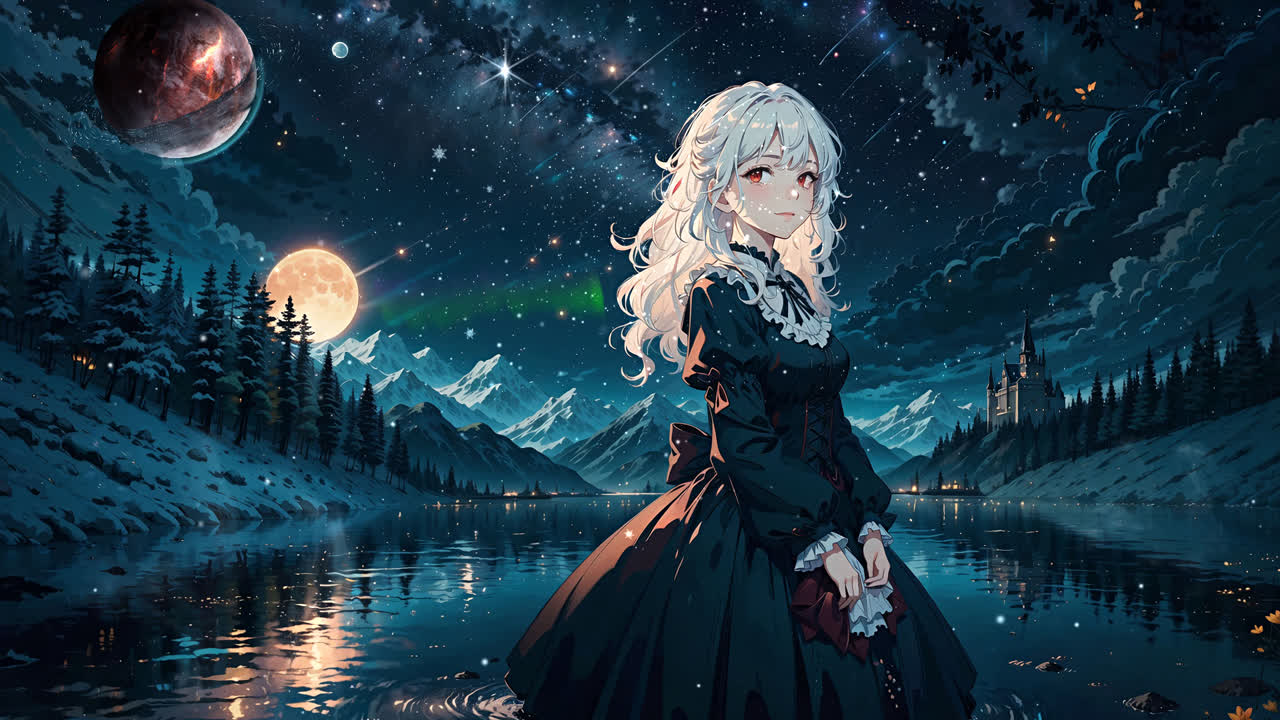 池塘里的女孩，夜空，动漫