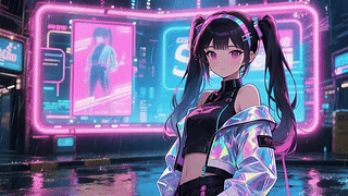 赛博都市雨夜双马尾少女