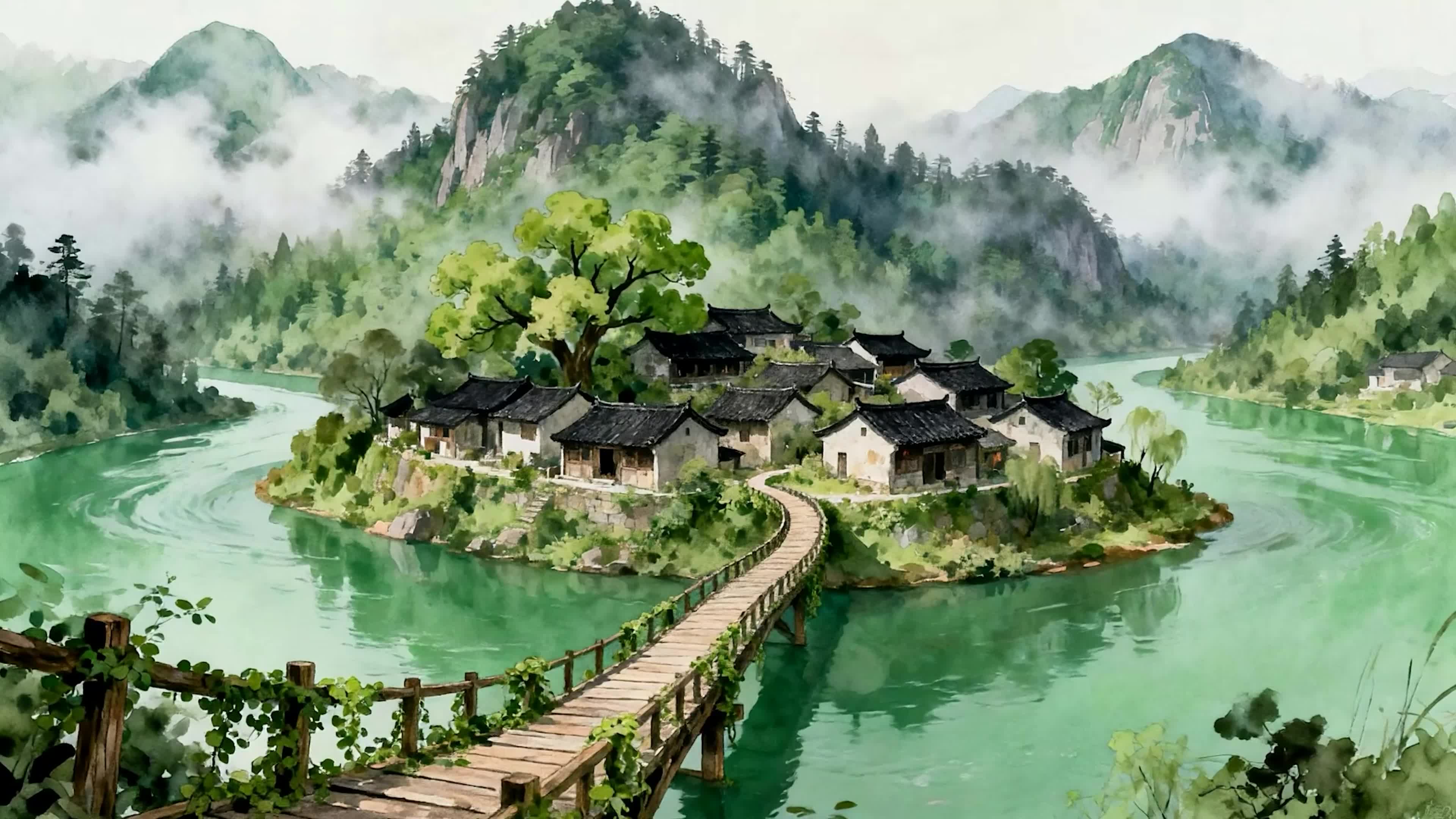 古风树木河流