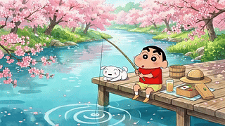 樱花溪边悠闲垂钓
