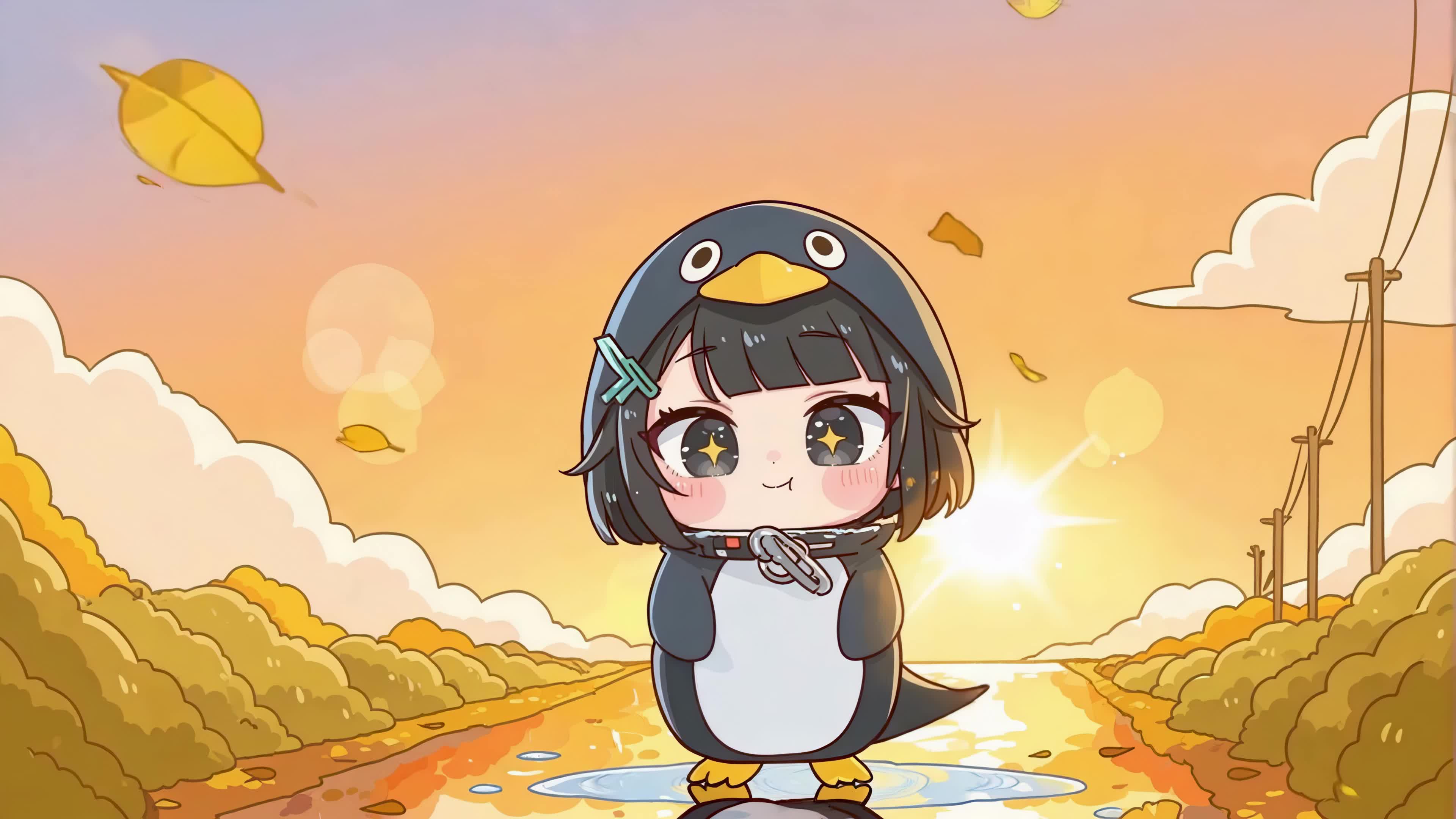 秋日可爱企鹅小女孩