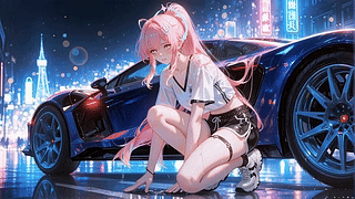雨夜都市超跑粉发少女爱弥斯