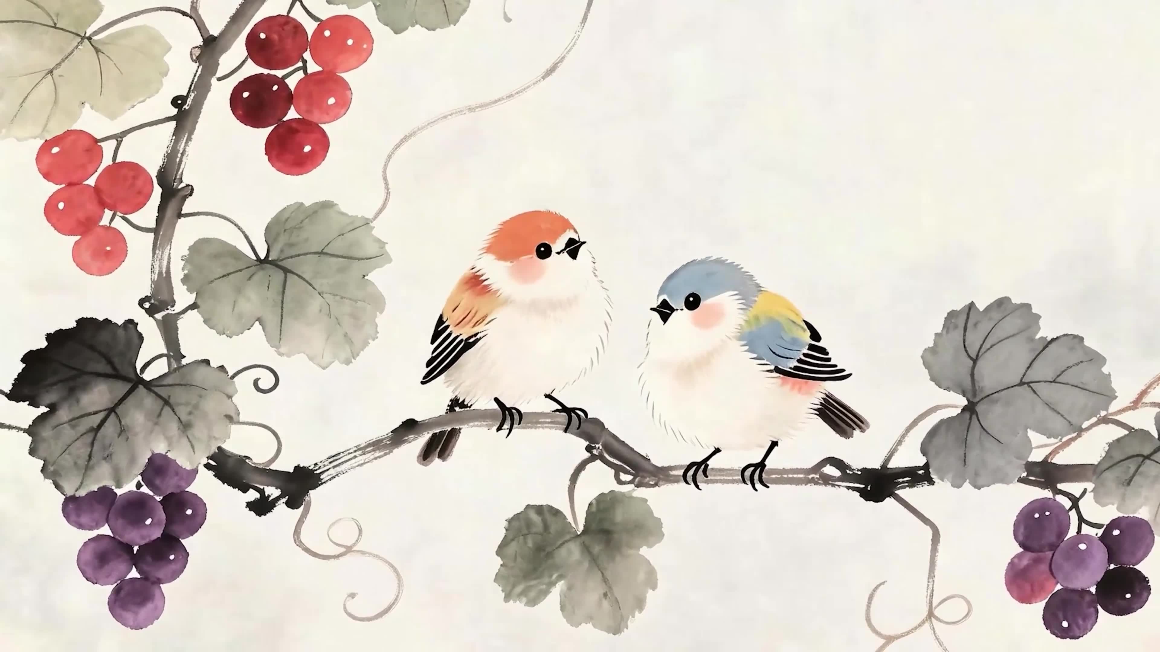 葡萄树 上两只小鸟