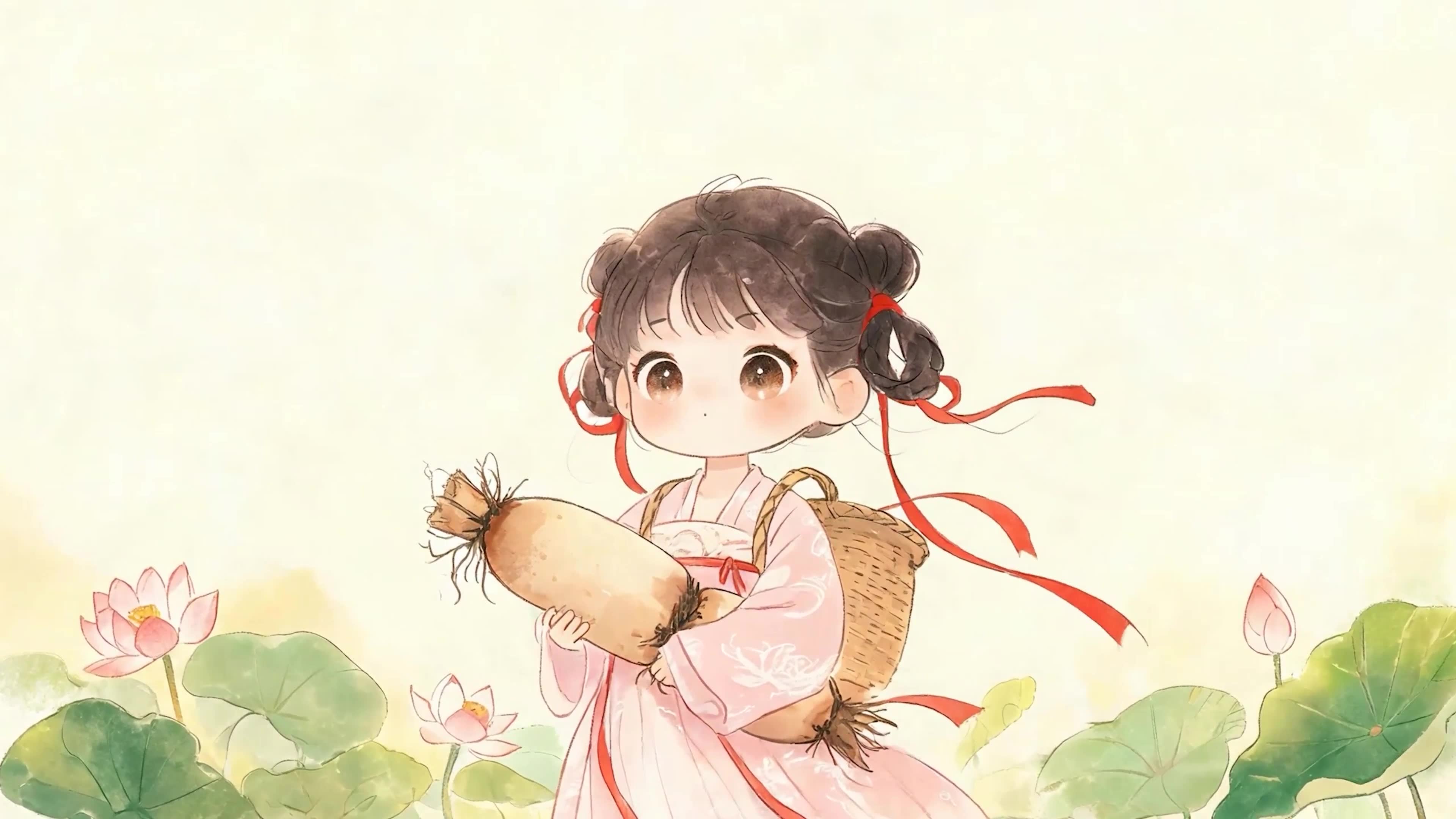 手拿莲藕女孩