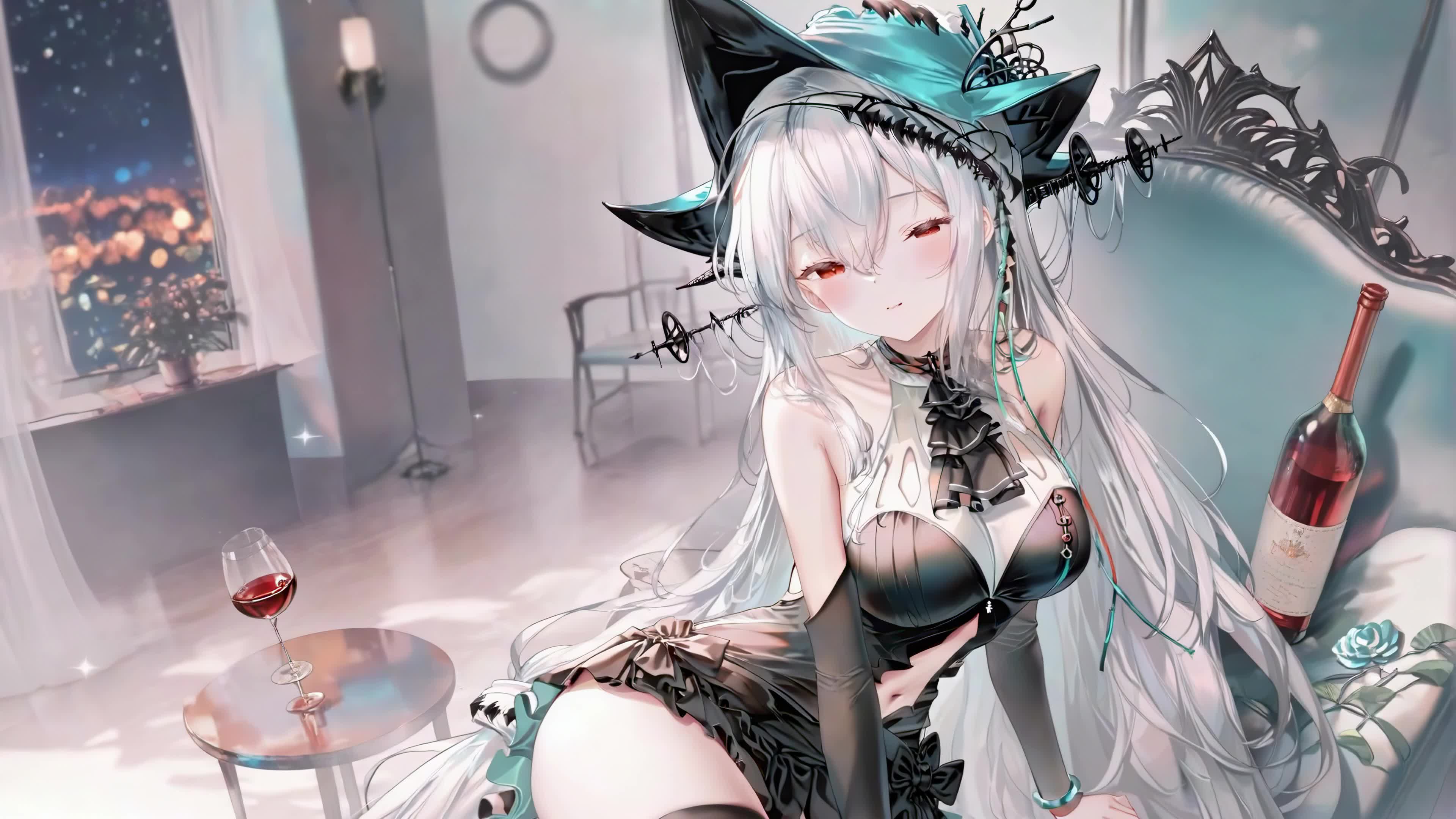 窗边夜色银发少女