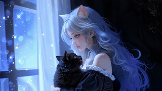 蓝夜猫耳少女与黑猫