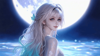 月下海边银发少女