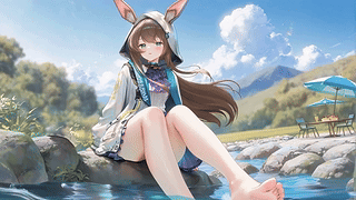 溪边休闲的兔耳少女
