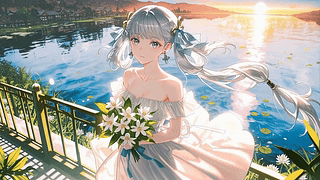 落日湖畔白发少女