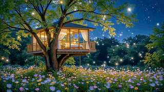 星空花野林间树屋