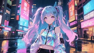 赛博雨夜双马尾少女 动态壁纸 | 作者：拙图
