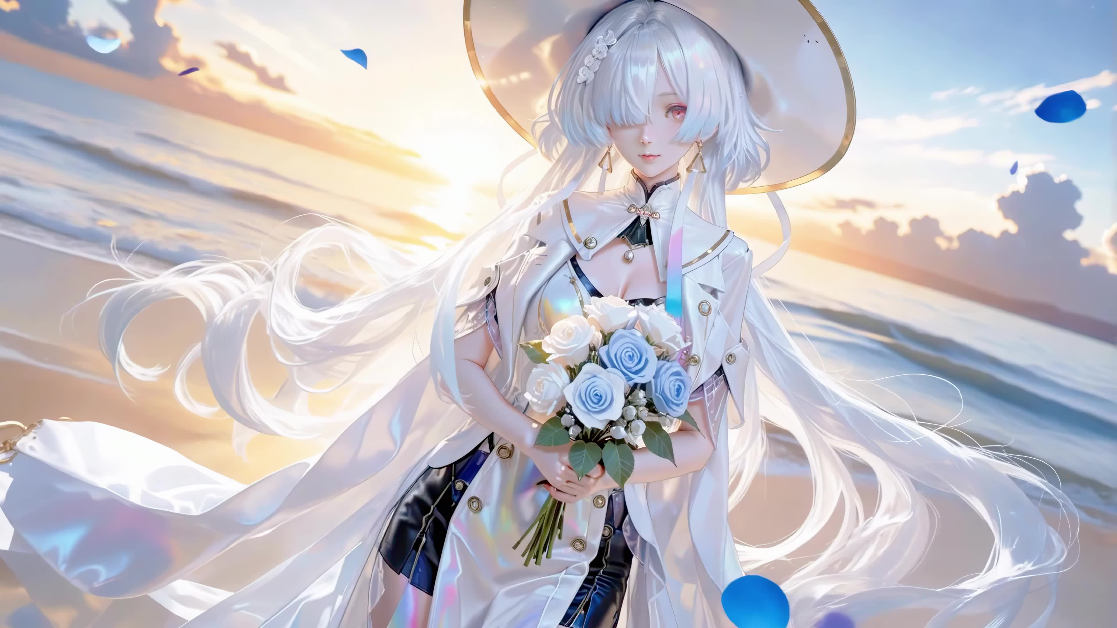 海边白发捧花少女