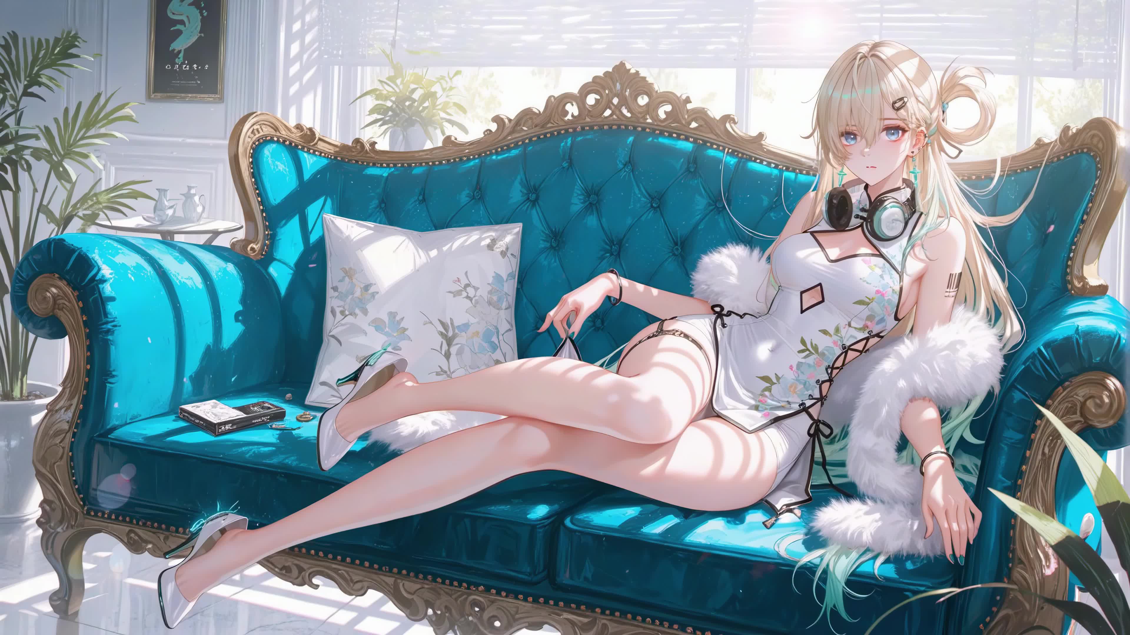 午后沙发上的金发少女