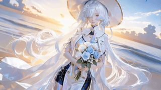 海边白发捧花少女