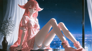夜色窗边的粉发少女