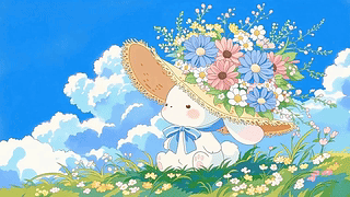 晴日草地上的花帽小兔